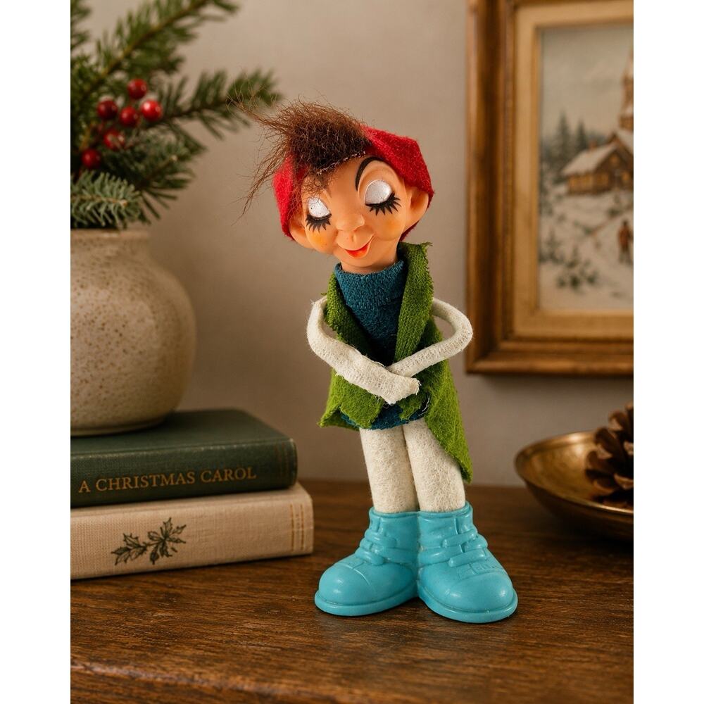 Vintage 1968 Delta Novelty Pixie Elf Figurine Felt Clothes Blue Shoes 4.5”